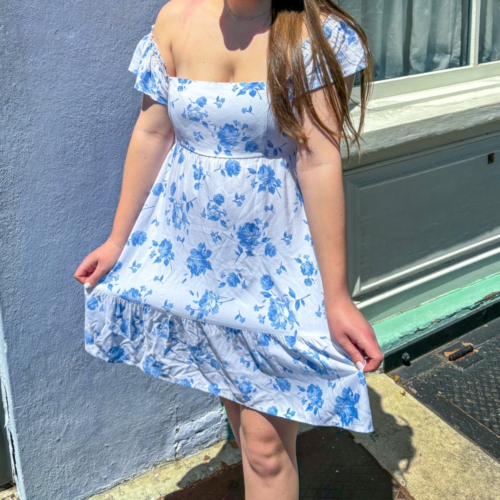 White and Blue Ruffled Tiered Mini Sundress
